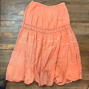 Lola P. Coral Boho Tiered Eyelet Embroidered/cut out Midi Skirt